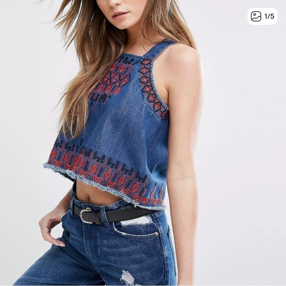 Blank NYC Denim Red Bohemian Embroidered Cropped Top Tie Back Sz Small